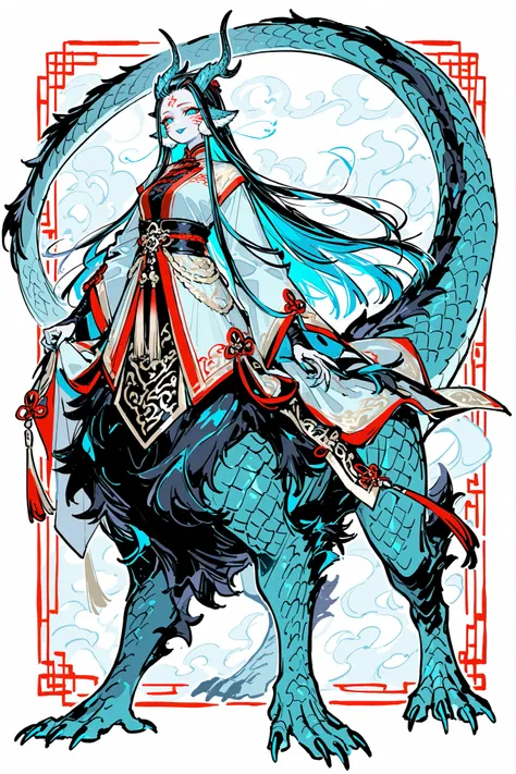 (dragon taur, centauroid, monster girl,) Girl is Azure dragon Lúng,she is hybrid of Eastern dragon. She has a sporty feminine bodybuilding. Her face has asian features. She has green jade narrow eyes. She has pale skin covered blue dragon scales,with Nazar...