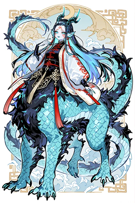 (dragon taur, centauroid, monster girl,) Girl is Azure dragon Lúng,she is hybrid of Eastern dragon. She has a sporty feminine bodybuilding. Her face has asian features. She has green jade narrow eyes. She has pale skin covered blue dragon scales,with Nazar...