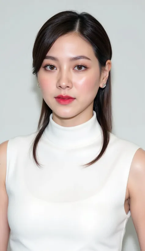 The image shows a person with dark hair styled in a sleek manner, parted in the middle and gently falling to each side. They are wearing a white high-neck top with subtle vertical ribbed detailing, suggesting a formal or semi-formal attire. The fabric of t...