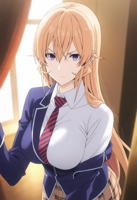 masterpiece,best quality,Nakiri Erina, long hair,blonde hair,hair between eyes,purple eyes,school uniform,blue jacket,blazer,wing collar,red striped necktie,white shirt,collared shirt,long sleeves,large breasts,,mini brown plaid skirt,blue thighhighs,, sta...