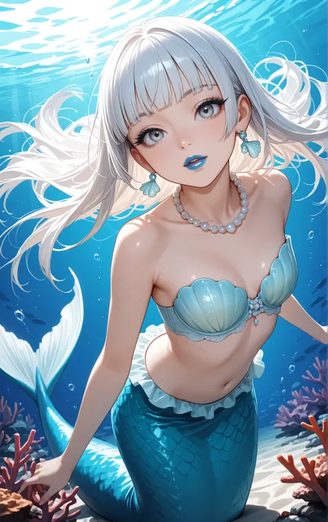 score_9, score_8_up, score_7_up, score_6_up, 
1girl, teen girl, mermaid, vvery elegant shell bra, white hair, hime-cut hair, straight hair, long hair, grey eyes, small, long eyelashes, pearl necklace, blunt bangs, young adult, coral earrings, blue lips, sw...