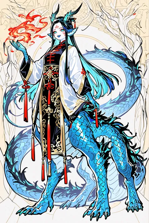 (dragon taur, centauroid, monster girl,) Girl is Azure dragon Lúng,she is hybrid of Eastern dragon. She has a sporty feminine bodybuilding. Her face has asian features. She has green jade narrow eyes. She has pale skin covered blue dragon scales,with Nazar...