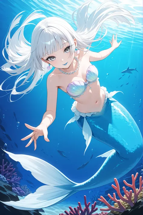score_9, score_8_up, score_7_up, score_6_up, 
1girl, teen girl, mermaid, vvery elegant shell bra, white hair, hime-cut hair, straight hair, long hair, grey eyes, small, long eyelashes, pearl necklace, blunt bangs, young adult, coral earrings, blue lips, sw...