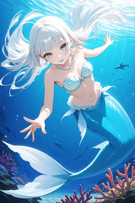 score_9, score_8_up, score_7_up, score_6_up, 
1girl, teen girl, mermaid, vvery elegant shell bra, white hair, hime-cut hair, straight hair, long hair, grey eyes, small, long eyelashes, pearl necklace, blunt bangs, young adult, coral earrings, blue lips, sw...