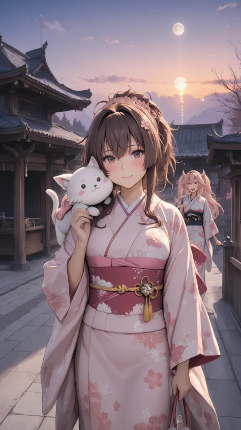 8k, masterpiece, best quality, ultra detailed, Ultra-high resolution, Highly detailed CG, break, 2girls, brown hair, yamato, musashi, kantai-collection \(series\), kimono, kawaii, cheek, twisted waist, grossy white skin, scenery, Himeji-castle, twilight, m...