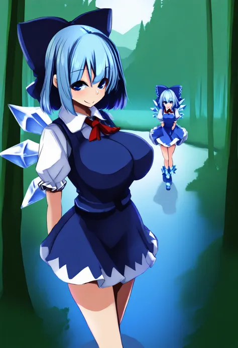 Yukito style, ((Forest)), ((lagoon)), Daytime, look at the audience, stand, posing , smile, ((big breasts)), Sino , 1Girls, alone, blue eyes, blue hair, short hair, ice wings, ice, Count Curve, hair Count Curve, Dress, blue Dress, Short sleeves, blue ...