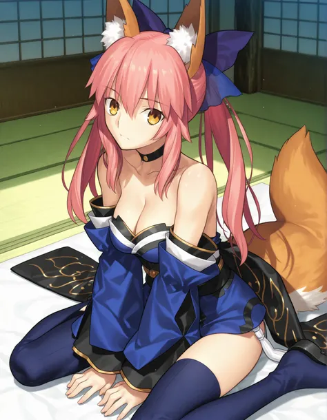 master piece , best quality , ultra detailed , score_9, score_7_up, 1 woman , Takeuchi Takashi style ,tamamo, animal ear fluff, animal ears, fox ears, fox girl, fox tail, hair ribbon, pink hair, tail, yellow eyes,  ,bare shoulders, blue kimono, blue ribbon...