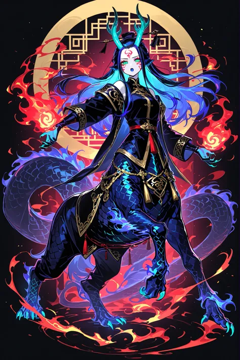 (centaur,dragon taur,dragon body,) Girl is Azure dragon Lúng,she is hybrid of Eastern dragon. She has a sporty feminine bodybuilding. Her face has asian features. She has green jade narrow eyes. She has pale skin covered blue dragon scales,with Nazar-trace...