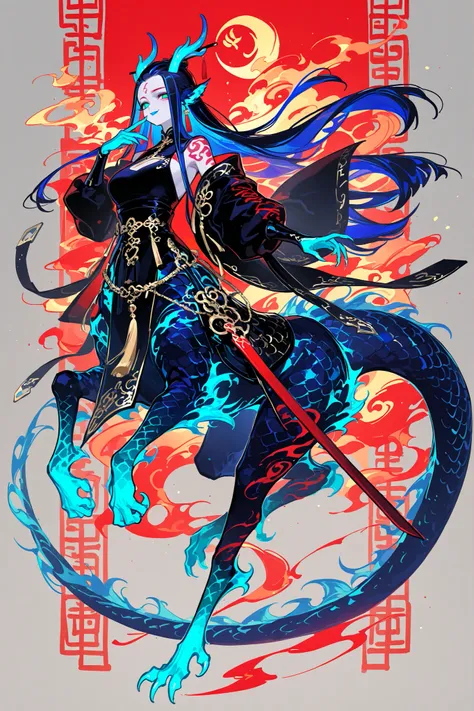 (centaur,dragon taur,dragon body,) Girl is Azure dragon Lúng,she is hybrid of Eastern dragon. She has a sporty feminine bodybuilding. Her face has asian features. She has green jade narrow eyes. She has pale skin covered blue dragon scales,with Nazar-trace...