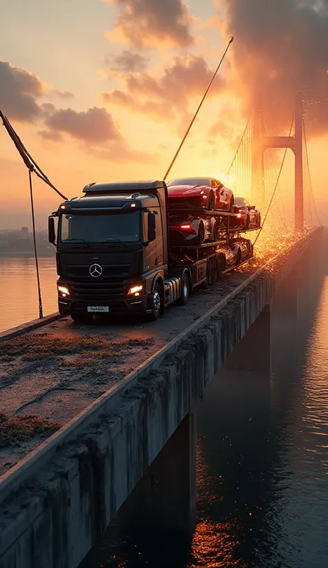 Hyper-realistic cinematic image of a massive black car carrier truck loaded with five brand-new luxury cars (Ferrari, Lamborghini, Porsche, McLaren, Bugatti) driving across a huge modern suspension bridge during sunset. The bridge spans over a wide river w...