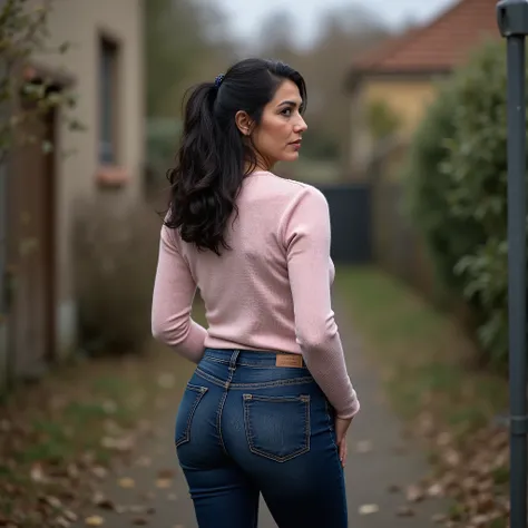 Photorealistic full-body true rear portrait of a mature European woman, shot straight from behind. Long dark wavy hair loosely pinned back with a dark blue claw clip, glancing over her shoulder with graceful mature beauty. Wearing ultra-skinny dark blue je...