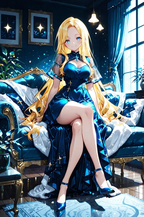 1 girl , blue eyes ,very long hair , long sidelocks, ((blond hair)) , petite , curvy, very cute, ,straight hair, forhead, medium large breasts, blue dress, short sleeves, see-through sleeves , sitting on the couch, cross legs, blue high heels,  smile, cozy...