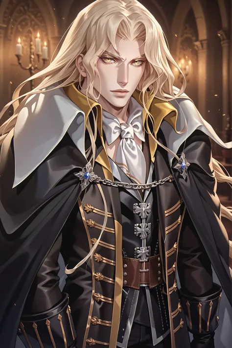 glistening skin,alucard_castlevania,long hair, yellow eyes, pale skin, cape, ascot, black gloves, black pants, coat,1boy,male focus, Alucard, long blond hair, portrait, seductive look, expressive eyes, eyes details, absurdres, topquality, ultradetail, mas...