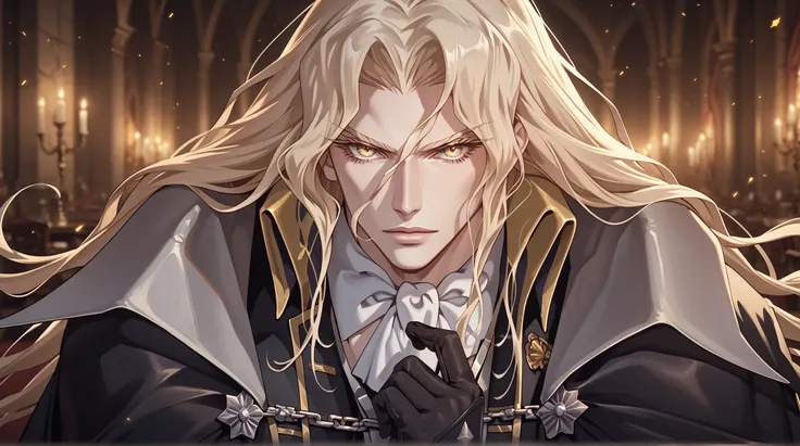 glistening skin,alucard_castlevania,long hair, yellow eyes, pale skin, cape, ascot, black gloves, black pants, coat,1boy,male focus, Alucard, long blond hair, portrait, seductive look, expressive eyes, eyes details, absurdres, topquality, ultradetail, mas...