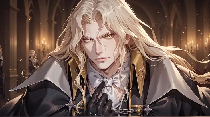 glistening skin,alucard_castlevania,long hair, yellow eyes, pale skin, cape, ascot, black gloves, black pants, coat,1boy,male focus, Alucard, long blond hair, portrait, seductive look, expressive eyes, eyes details, absurdres, topquality, ultradetail, mas...