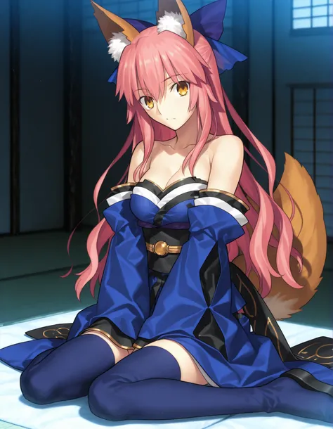 master piece , best quality , ultra detailed , score_9, score_7_up, 1 woman , Takeuchi Takashi style ,tamamo, animal ear fluff, animal ears, fox ears, fox girl, fox tail, hair ribbon, pink hair, tail, yellow eyes,  ,bare shoulders, blue kimono, blue ribbon...