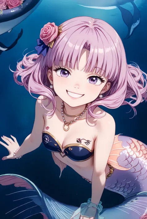 masterpiece,Super Detailed,beautiful faces,And high-precision,(Cute mermaid dancer:1.5),(one woman),(The background is inside a giant aquarium tank:1.5),(her lower body is pink like a mermaid:1.5),(She has lots of rose dolphin tattoos:1.5),external, Expres...