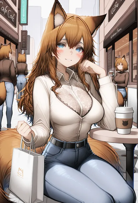 masterpiece,best quality,amazing quality, tab head, fox girl, brown hair,blue eyes, brown fox ears, brown fox tail, wavy hair, hair between eyes, medium breasts, mature female, lace trim shirt, long sleeves, buttoned shirt, collared shirt, mall, holding sh...