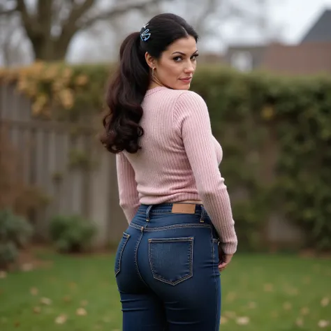 Photorealistic full-body true rear portrait of a mature European woman, mom vibes, shot straight from behind. Long dark wavy hair loosely pinned back with a dark blue claw clip, glancing over her shoulder with graceful mature beauty. Wearing ultra-skinny d...