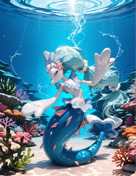 (primarina:1.3), primarina pokemon, dancer, dancing with water currents, emotional performance,, masterpiece, ultra detailed, best quality, playful mischievous expression looking back, pearl-like skin texture, flowing aqua-pink hair fins, elegant tail fins...