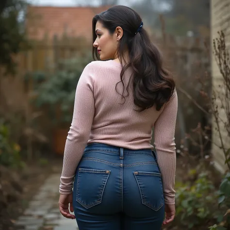 Photorealistic full-body true rear portrait of a mature European woman, mom vibes, shot straight from behind. Long dark wavy hair loosely pinned back with a dark blue claw clip, glancing over her shoulder with graceful mature beauty. Wearing ultra-skinny d...