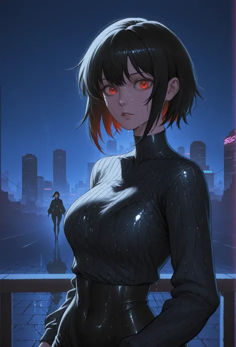cool anime girl with short black hair and red eyes, city night background, intricate facial details, expressive body language, dynamic pose, neon city lights, reflective wet pavement, light fog, moody cinematic lighting, sci-fi cyberpunk style, digital pai...