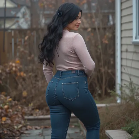 Photorealistic full-body true rear portrait of a mature European woman, mom vibes, shot straight from behind. Long black wavy hair loosely pinned back with a dark blue claw clip, glancing over her shoulder with graceful mature beauty. Wearing ultra-skinny ...