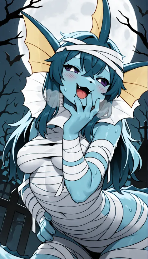 best quality,best resolution,solo,vaporeon,pokemon,furry,anthro,medium breasts,long hair,(crossed bangs :1.3),mummy cosplay,blush,night,fullmoon,halloween,pumkins,heavy breath,sweating,looking at viewer,happy face,smile,open mouth,fangs,half eyes,standing....