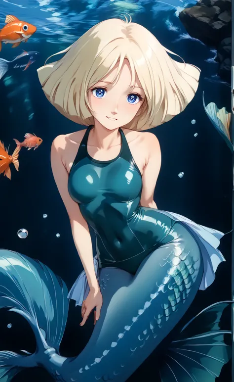 one girl, solo,Beautiful girl with eight heads,(cowboy shot:1.5),(A mermaid with a human upper body, a mint green micro swimsuit, and a fish lower body:1.5) pure, (beautiful bob style blonde:1.5),(BEAUTIFUL BLUE EYES:1.5),smile, Shy, Middle Bust, Disconnec...