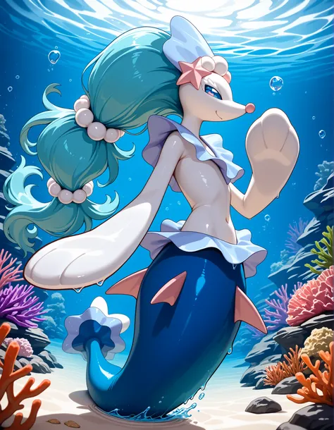 (primarina:1.3), primarina pokemon, dancer, dancing with water currents, emotional performance,, masterpiece, ultra detailed, best quality, playful mischievous expression looking back, pearl-like skin texture, flowing aqua-pink hair fins, elegant tail fins...