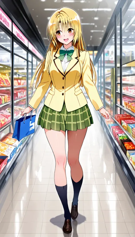 masterpiece, best quality, highres, 1girl, solo, blonde straight hair, brown eyes, sainan school winter uniform , blazer, yellow jacket, long sleeves,white frill shirt ,plaid skirt,green bowtie, green skirt, ,daytime ,walking in shopping mall, from front,o...