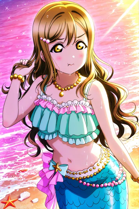 Love live, love live official artwork, anime screen cap, professional art, highres, hdr,  thick hair, very long hair,silky hair, detailed clothing, vibrant colors, id_hanamaru_kunikida, long hair, bangs, brown hair, yellow eyes, , mermaid, pink_hair_hems, ...