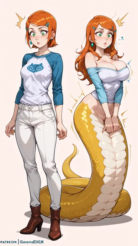 masterpiece,  best quality, transformation, mtf, transformation sequence, before and after,girl transforms into lamia, (1girl,  GwenSDXL,1girl,short hair,shirt,hair ornament,long sleeves,jewelry,green eyes,earrings,hairclip,pants,orange hair,swept bangs,ra...