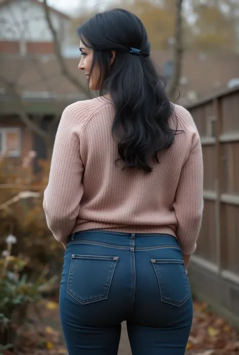 Photorealistic full-body true rear portrait of a mature European woman, mom vibes, shot straight from behind. Long dark wavy hair loosely pinned back with a dark blue claw clip, glancing over her shoulder with graceful mature beauty. Wearing ultra-skinny d...