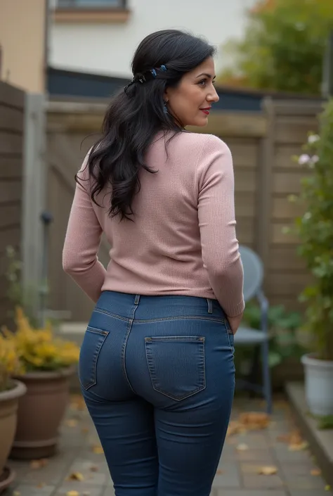 Photorealistic full-body true rear portrait of a mature European woman, mom vibes, shot straight from behind. Long dark wavy hair loosely pinned back with a dark blue claw clip, glancing over her shoulder with graceful mature beauty. Wearing ultra-skinny d...