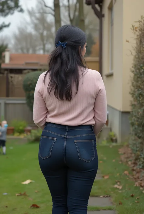 Photorealistic full-body true rear portrait of a mature European woman, mom vibes, shot straight from behind. Long dark wavy hair loosely pinned back with a dark blue claw clip, glancing over her shoulder with graceful mature beauty. Wearing ultra-skinny d...