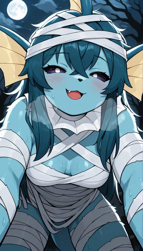 best quality,best resolution,solo,vaporeon,pokemon,furry,anthro,medium breasts,long hair,(crossed bangs :1.3),mummy cosplay,blush,night,fullmoon,halloween,pumkins,heavy breath,sweating,looking at viewer,happy face,smile,fang,half eyes,close up,upper body o...