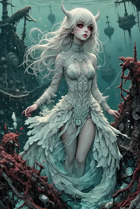 A young mermaid with porcelain skin and platinum-colored hair flowing like moonlight floats in the water column. Her tail, shimmering with mother-of-pearl, and her wonderful tunic dress seem to be woven by the depths of the sea itself: they resemble a biza...