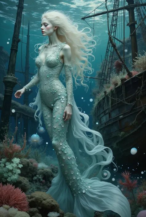 A young mermaid with porcelain skin and platinum-colored hair flowing like moonlight floats in the water column. Her tail, shimmering with mother-of-pearl, and her wonderful tunic dress seem to be woven by the depths of the sea itself: they resemble a biza...