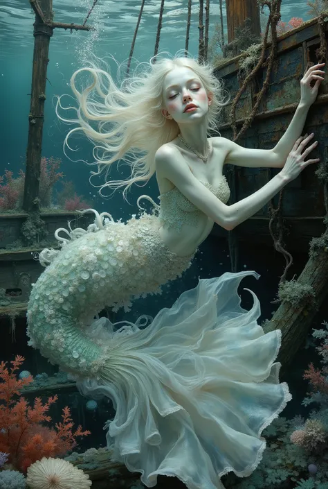 A young mermaid with porcelain skin and flowing platinum-colored hair does not just float, but performs a slow, mesmerizing dance among the wrecks of sunken ships. Her body wriggles through the water like a sea eel, smoothly waving her arms, which cut thro...