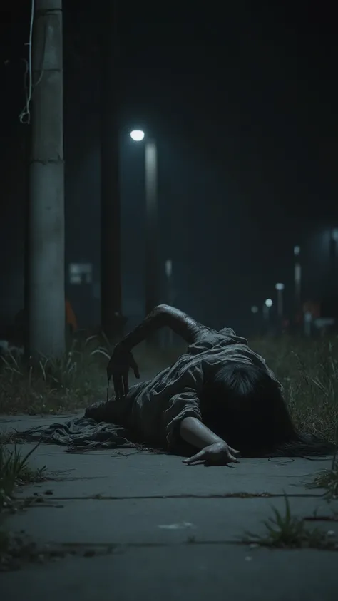masterpiece、Highest Quality、high resolution、super detailed、8K、Picture,Shirogane Ratio、1 women,dingy gray dress,extremely disheveled black long hair,Extremely distorted face,Extremely thin,Tall,with the whole body lying face down on the ground,The joints of...