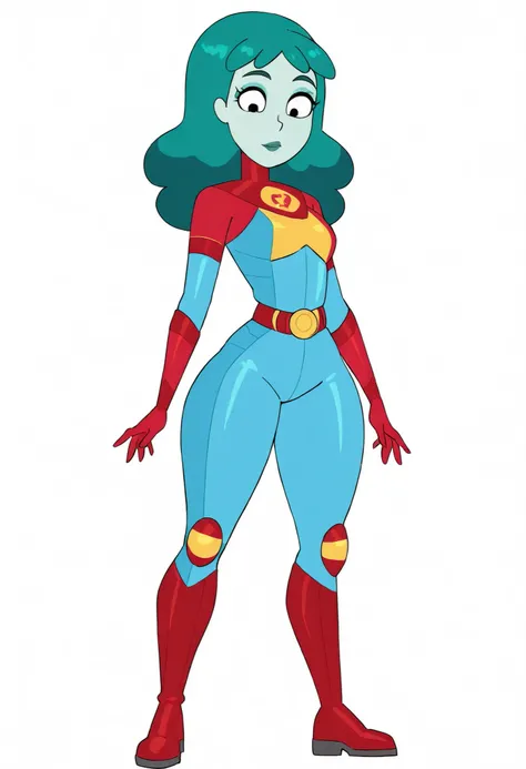 planetina, masterpiece, best quality, newest, absurdres, highres, 1girl, solo, colored skin, green hair, red gloves, blue skin, long hair, belt, red footwear, green lips, red footwear, superhero outfit, bodysuit, slimthick, black eyes, makeup, boots,