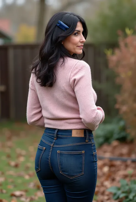 hyperrealistic full-body true rear portrait of mature European woman with unmistakable mom presence captured directly from behind with perfect vertical alignment, long dark wavy hair with natural texture variation loosely gathered and secured with dark blu...