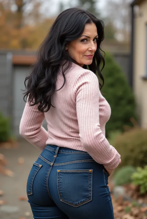 hyperrealistic full-body true rear portrait of mature European woman with unmistakable mom presence captured directly from behind with perfect vertical alignment, long dark wavy hair with natural texture variation loosely gathered and secured with dark blu...