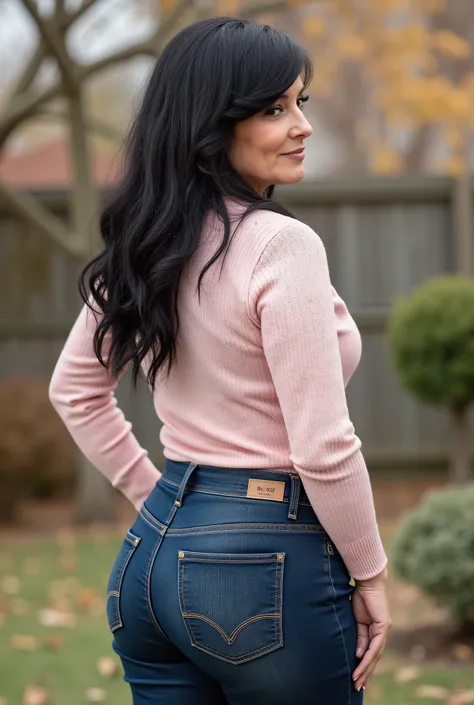 hyperrealistic full-body true rear portrait of mature European woman with unmistakable mom presence captured directly from behind with perfect vertical alignment, very long dark wavy hair with natural texture variation loosely gathered and secured with dar...