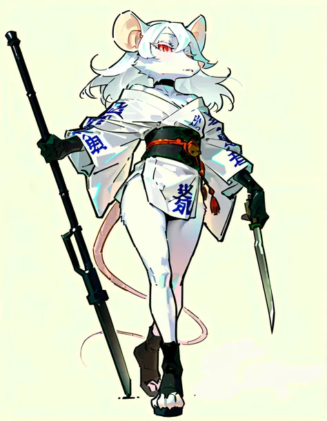 (((masterpiece))), (((Best Quality))), ((Ultra-detailed)), (High Definition anime Illustration), ((extremely delicate and beautiful)),solo, Full body, fantasy albino wererat girl, Fluffy Fur, furry, long white hair, red eyes, rat head, rat ear, rat tail,(L...