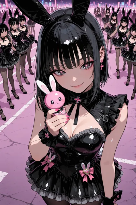 Create a digital artwork in pop art style, Depicting a smiling bunny girl with meticulous attention to detail, Create a digital artwork in pop art style, Mini skirts, frills, magical girl wands, beautiful girls, shiny black hair, bunny ears, street fashion, surrounded by vintage rabbit motifs, Pink magical girl costume, cute, sightseeing, lots of rabbits, close-up, Top angle,