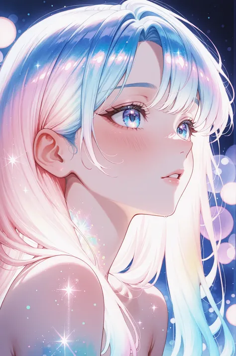 1girl,,edgy lighting, neon tint, watercolor style,dreamy and fantastical atmosphere, soft pastel tones, soft bokeh, glitter dust, large glossy eyes, multi-toned irises, soft blush, dewy iridescent skin, softly parted glossy lips, cinematic portrait, delica...