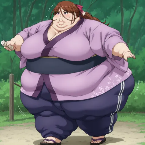  kenshinsatsuki, purple eyes, brown hair, hair between eyes, hair ribbon, long hair, ponytail BREAK
purple kimono, blue sweatpants, sandals, ,  fat, chubby, obese, gigantic arms and legs, large breasts, sweating, wet body, swollen face, Fat_neck , Fat head...