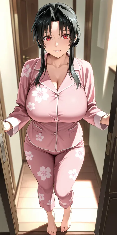 Masterpiece, newest, vibrant, very aesthetic, high contrast, mature woman, kaoru kamiya\(samurai x\), parted lips, smile, bun hair, tall, big breast, pink pajamas floral motif, bare foot, full body, opened door, home, best quality, semrealistic, fullmetal ...